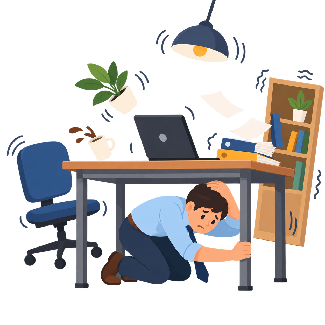 Illustration of an employee taking cover under a desk during an earthquake
